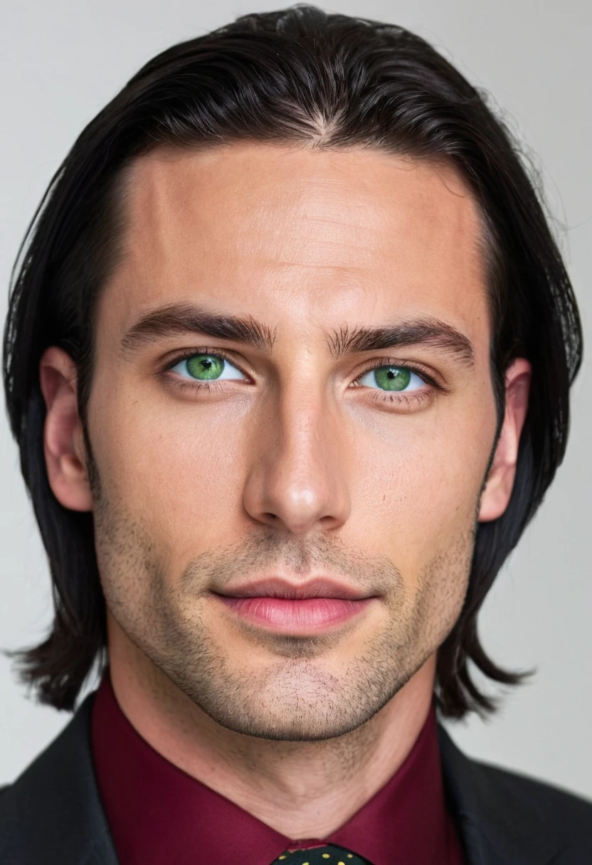 30 years old man. slightly long black hair, a subtle lock of hair falling on the forehead, bluish green eyes with golden dots, thin face, thin, slightly red lips, expressão sensuous e taciturna, wearing an entirely black suit, burgundy tie, he is the Ceo, virility, European man, BUSINESSMAN, sexy man, sensuous, Very beauthful, face without mustache or beard, it needs to be perfect and wonderful, white male.