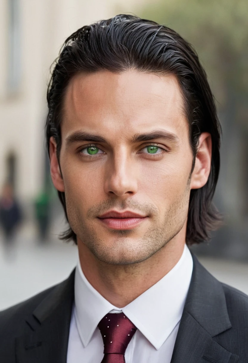 30 years old man. slightly long black hair, a subtle lock of hair falling on the forehead, bluish green eyes with golden dots, thin face, thin, slightly red lips, expressão sensuous e taciturna, wearing an entirely black suit, burgundy tie, he is the Ceo, virility, European man, BUSINESSMAN, sexy man, sensuous, Very beauthful, face without mustache or beard, it needs to be perfect and wonderful, white male.