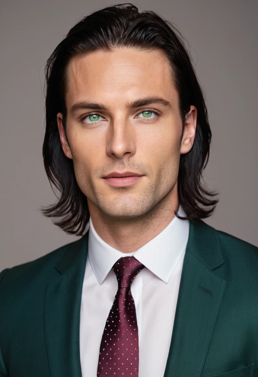 30 years old man. slightly long black hair, a subtle lock of hair falling on the forehead, bluish green eyes with golden dots, thin face, thin, slightly red lips, expressão sensuous e taciturna, wearing an entirely black suit, burgundy tie, he is the Ceo, virility, European man, BUSINESSMAN, sexy man, sensuous, Very beauthful, face without mustache or beard, it needs to be perfect and wonderful, white male.