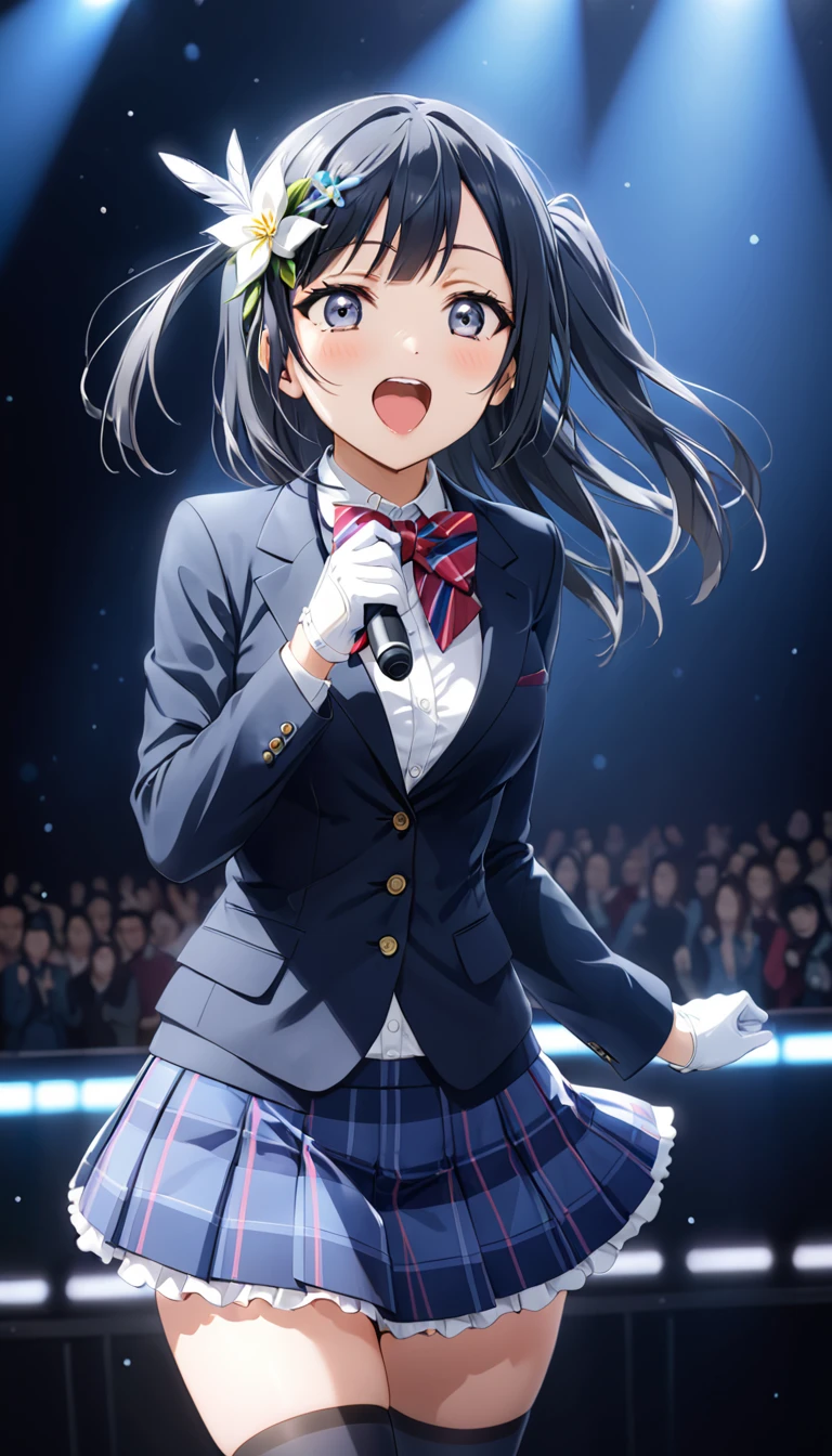 masterpiece, best quality, one side up, feather hair ornament, hair flower, white gloves, legwear, thighhighs,  (1girl), (solo), otonokizaka ,winter uniform, red striped bow tie, navy blue blazer, blue striped pleated skirt,from front, on live stage,singing ,spot brilliant light,BREAK score_9, score_8_up, score_7_up, score_6_up, source_anime 