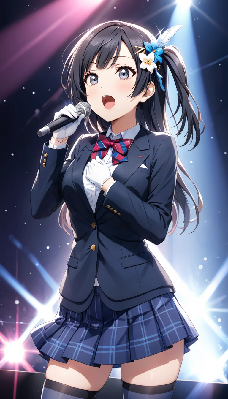 masterpiece, best quality, one side up, feather hair ornament, hair flower, white gloves, legwear, thighhighs,  (1girl), (solo), otonokizaka ,winter uniform, red striped bow tie, navy blue blazer, blue striped pleated skirt,from front, on live stage,singing ,spot brilliant light,BREAK score_9, score_8_up, score_7_up, score_6_up, source_anime 