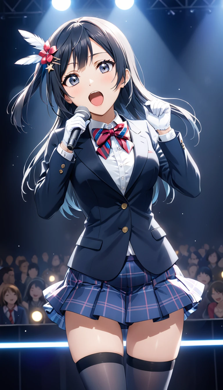 masterpiece, best quality, one side up, feather hair ornament, hair flower, white gloves, legwear, thighhighs,  (1girl), (solo), otonokizaka ,winter uniform, red striped bow tie, navy blue blazer, blue striped pleated skirt,from front, on live stage,singing ,spot brilliant light,BREAK score_9, score_8_up, score_7_up, score_6_up, source_anime 