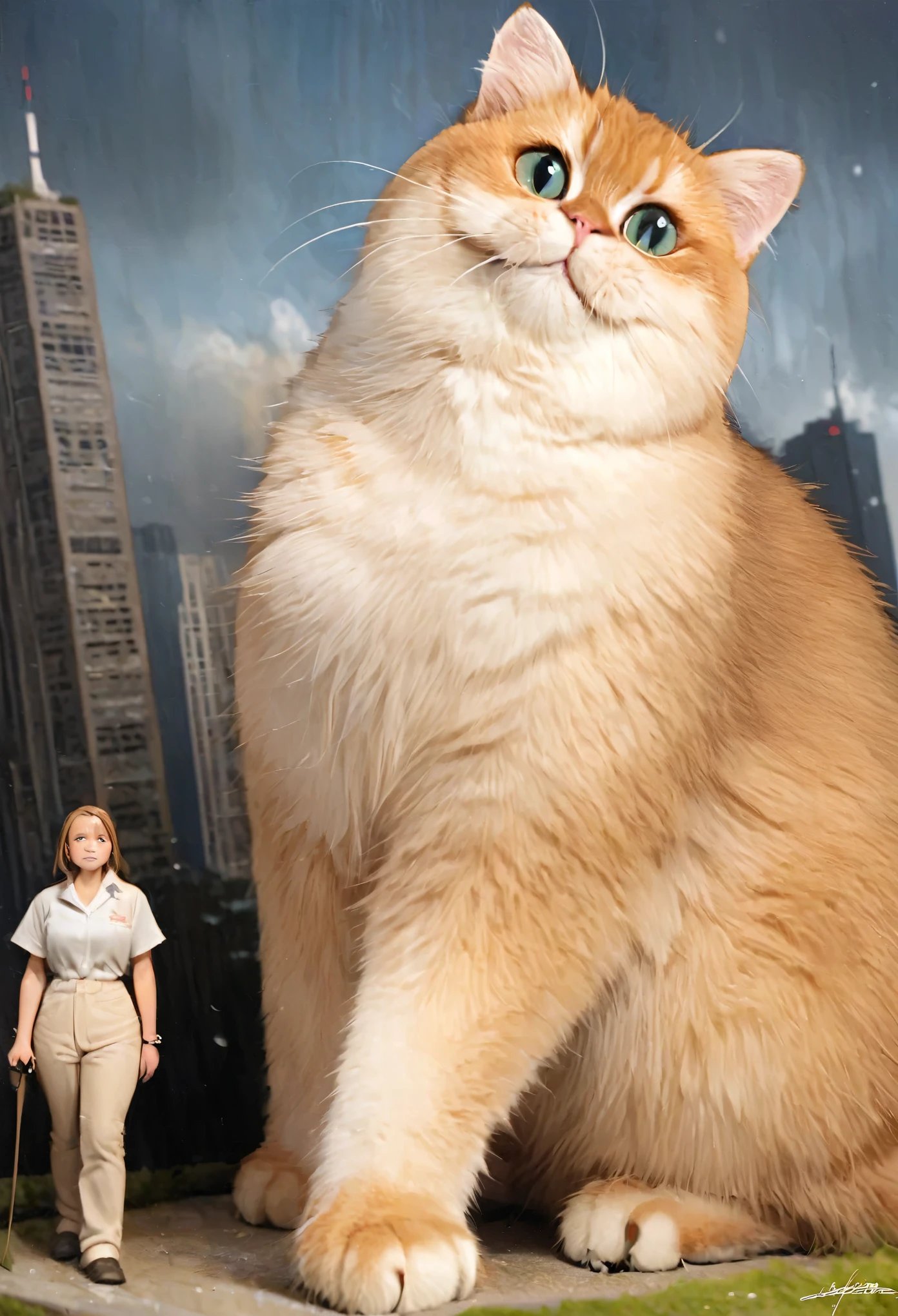 Giant cat, The background is a realistic skyscraper diorama