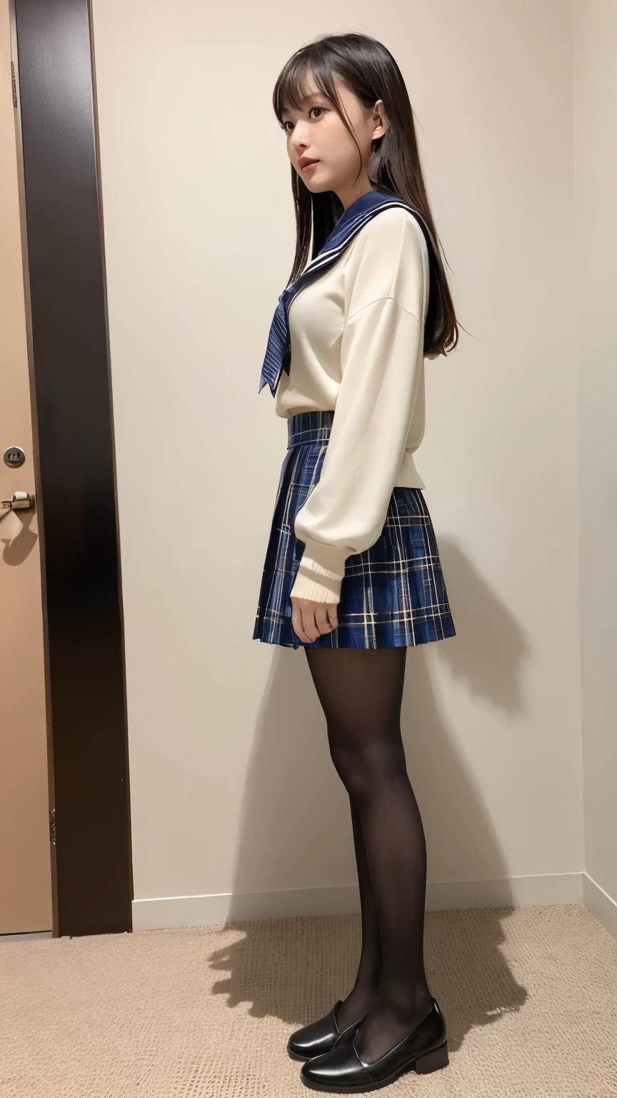 (((8k、High resolution、Highest quality、High resolution))), alone、Natural body shape、White skin、Natural Makeup、((Black Hair、bangs、Straight Long Hair))、(((Skirt Lift)))、、(:1.4)、(())、(((((Full body photo)))))、(((Shot from the side)))、(((Sailor suit with loose coat collar)))、Bedroom、(((Of high school))) 、((white collared long sleeve blouse))、((Beige cardigan))、((Pleated skirt with dark blue plaid pattern、mini skirt、Ultra-realistic pantyhose))、、turn around、Sulky expression、((Bare thighs))