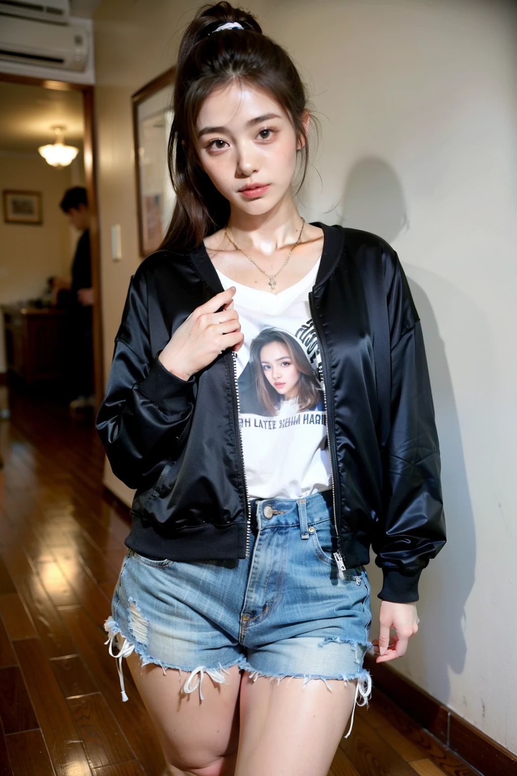 A close up of a woman in a black jacket and denim shorts - SeaArt AI