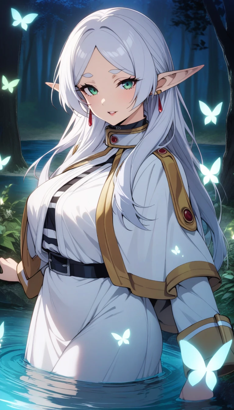 masterpiece, best quality, very aesthetic, absurdres, 1girl, mature_lady,white_dress,(cum_on_body:1.2),,frieren,sousou_no_frieren,elf, green_eyes, grey_hair, white_hair, long_hair, parted_bangs, pointy_ears, dangle_earrings, drop_earrings, earrings,,besides a blue lake, night sky,stars,forest,Reflections in the water,,luminous butterflies, fluttering butterflies,