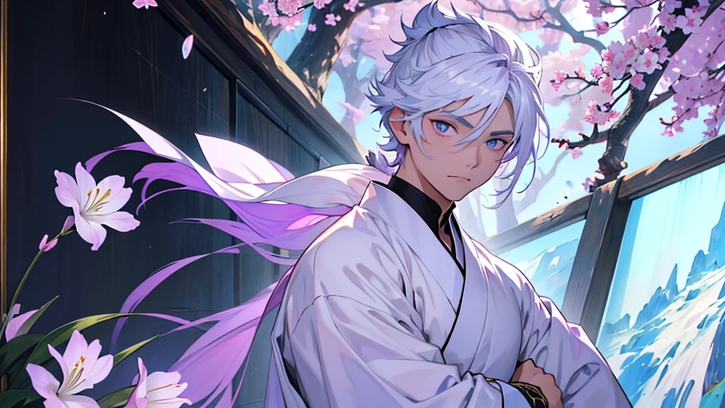 A Chinese boy who has a white hair and holding a sword wearing a white kimono with long long sleeps his kimono has a Persian painting patron and it's shiny behind him is a wall it's like a rock wall half top of the painting is surrounded by white pink purple and light blue flowers like Lily of the Valley and violets and the bottom of the painting there is so many gemstones who are pink purple and light blue the boy has a hair accessory that has a diamond shape gemstone stone that is deep red the boy hold the sword with both hand in the front of him and his pose is kind of like 3.4 of his face showing to us ‏he's har is so long