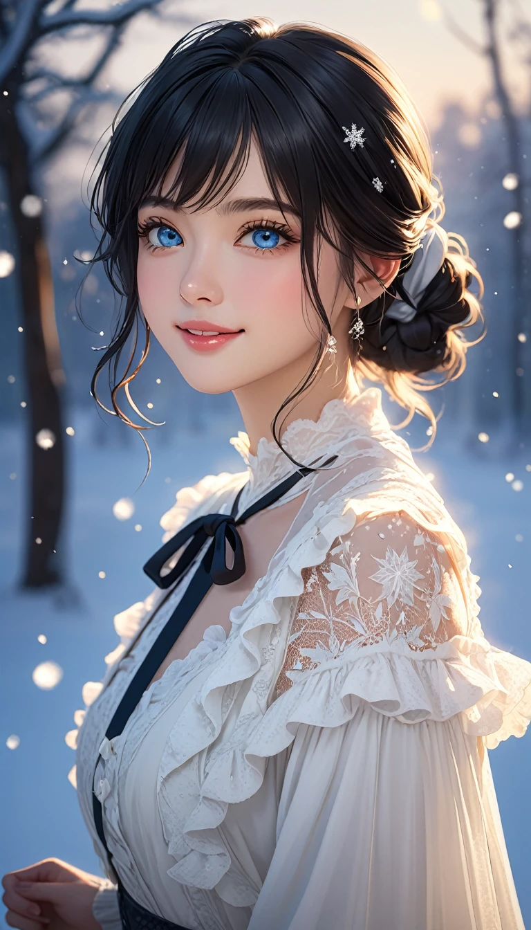 (((masterpiece))),best quality,illustration,4k wallpaper,movie lighting,absurd,1 girl,(snow,ice),in winter,black hair,shiny hair,medium hair,semi-long hair,blue eyes,white clothes,frills,lace,leave_Shoulder,hair tie,masterpiece,telephoto lens,absurd,Exquisite face,features,natural light,soft light,(Seven-part combination),epic,Dreamy and magical,mystery,smile,