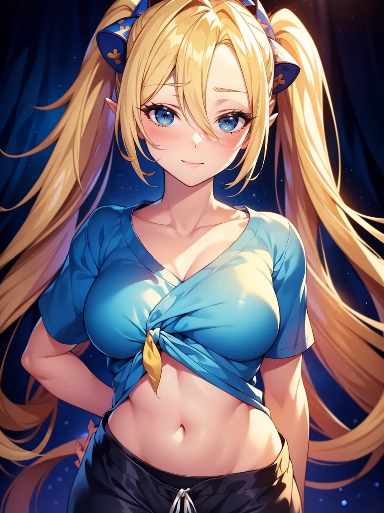 1girl, solo, portrait of a woman with blonde hair, long flowing pigtails, wearing a blue shirt, wearing a t-shirt, shirt tied in a shirt knot, exposed navel, anime illustration, anime girls, vivid colors, detailed facial features, dramatic lighting, digital painting, trending on ArtStation