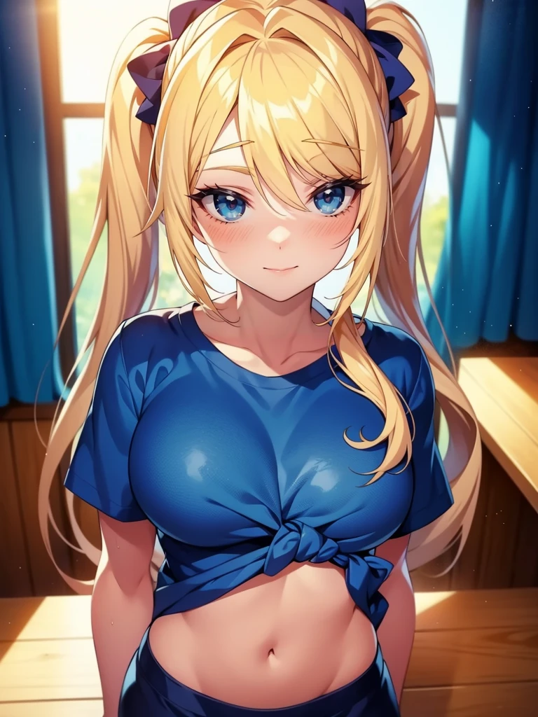 1girl, solo, portrait of a woman with blonde hair, long flowing pigtails, wearing a blue shirt, wearing a t-shirt, shirt tied in a shirt knot, exposed navel, anime illustration, anime girls, vivid colors, detailed facial features, dramatic lighting, digital painting, trending on ArtStation