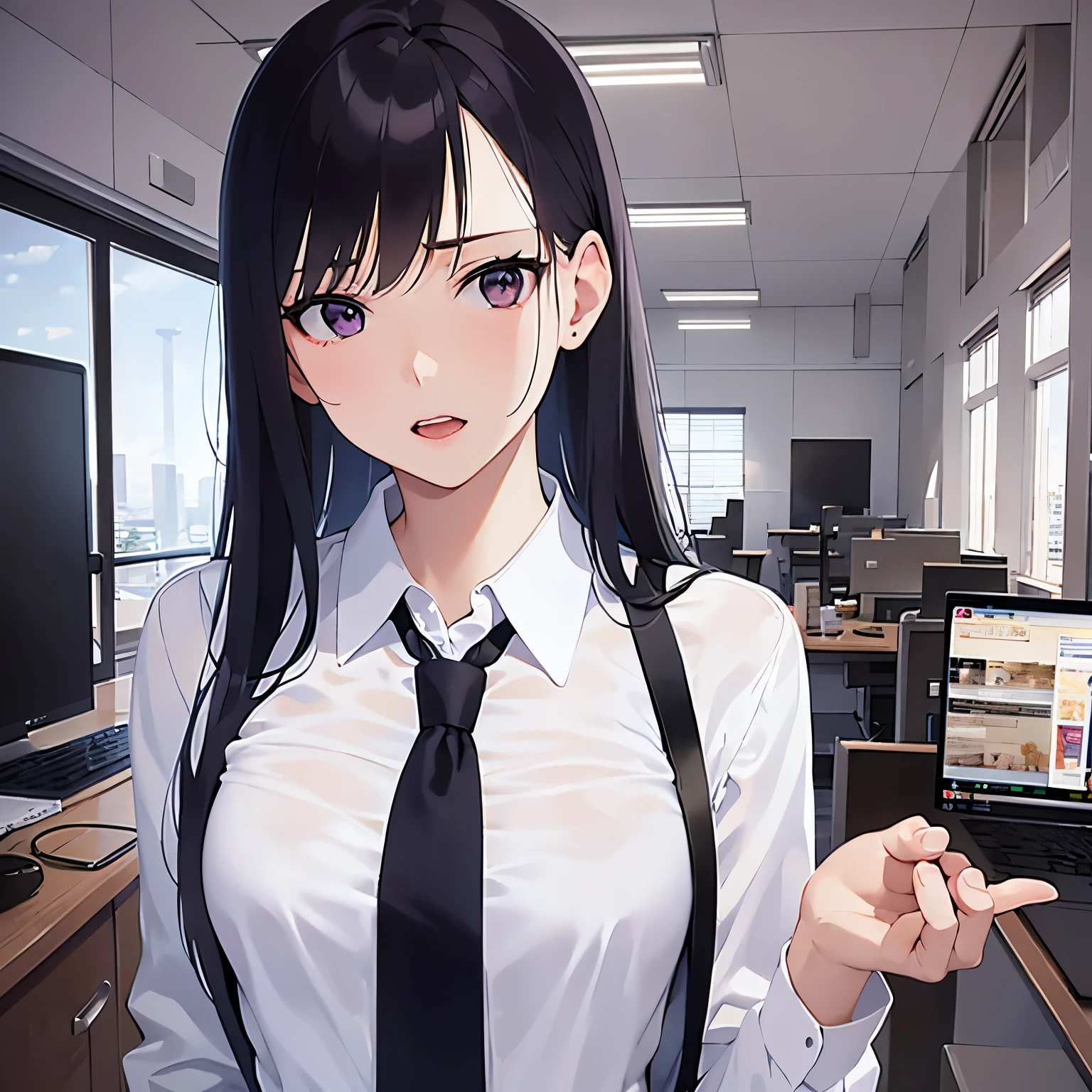 side ungle,Upper Body,(looking away:1.5)、Pointing out、 Realistic, real person, (pale skin: 1.2), RAW photo, photorealistic, shiny skin, shiny hair、(A 25-year-old woman with straight hair and bangs) and (medium hair) and (black hair) and (purple eyes) , (Wearing a business suit:1.5) and (Wearing a white collared shirt)、Serious, open mouth,Background is an office room、Alone、Are standing、