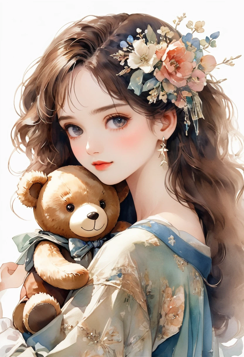 ((antique:1.5)),((hugging a teddy bear)),(Teddy bear),Beautiful and cute woman,1 Female,Solo,Sharp features,Sophisticated,((Watercolor:1.5)),whole body,超High resolution,((Attention to detail:1.5)),high quality,High resolution,最high quality,(vintage:1.4),(Cute pose:1.3),Dull color,So adorable,model like,Fluffy atmosphere,(Accurate body),((antiqueな服:1.5)),(Super Detail),Fashionable hairstyle,