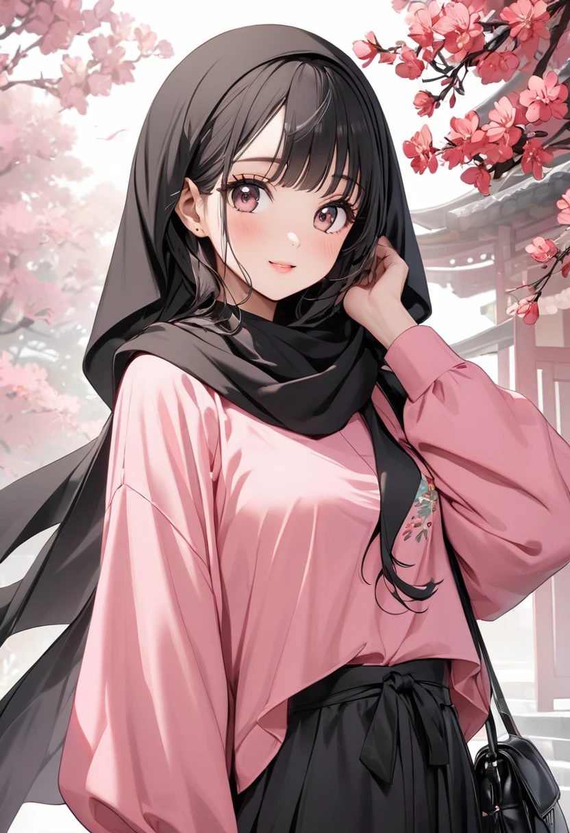 girl, cute, pink shirt,black hijab, asia look
