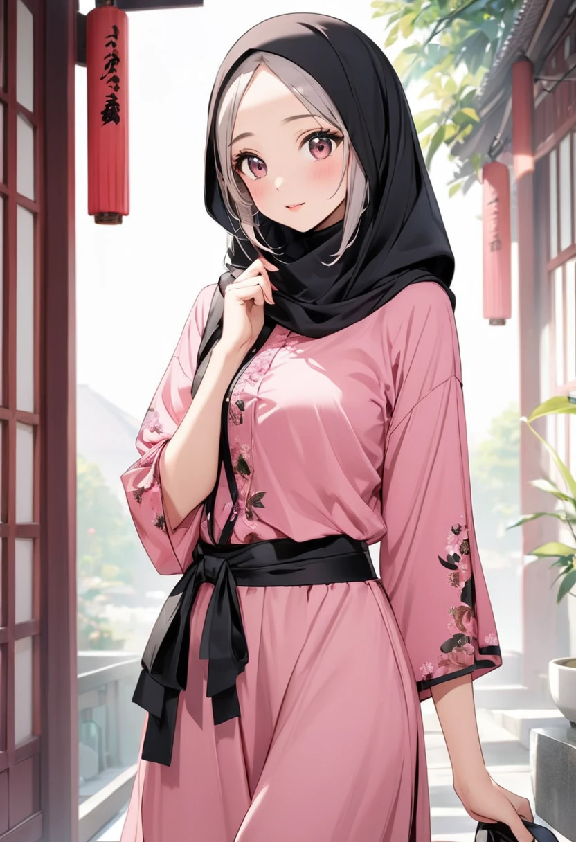 girl, cute, pink shirt,black hijab, asia look
