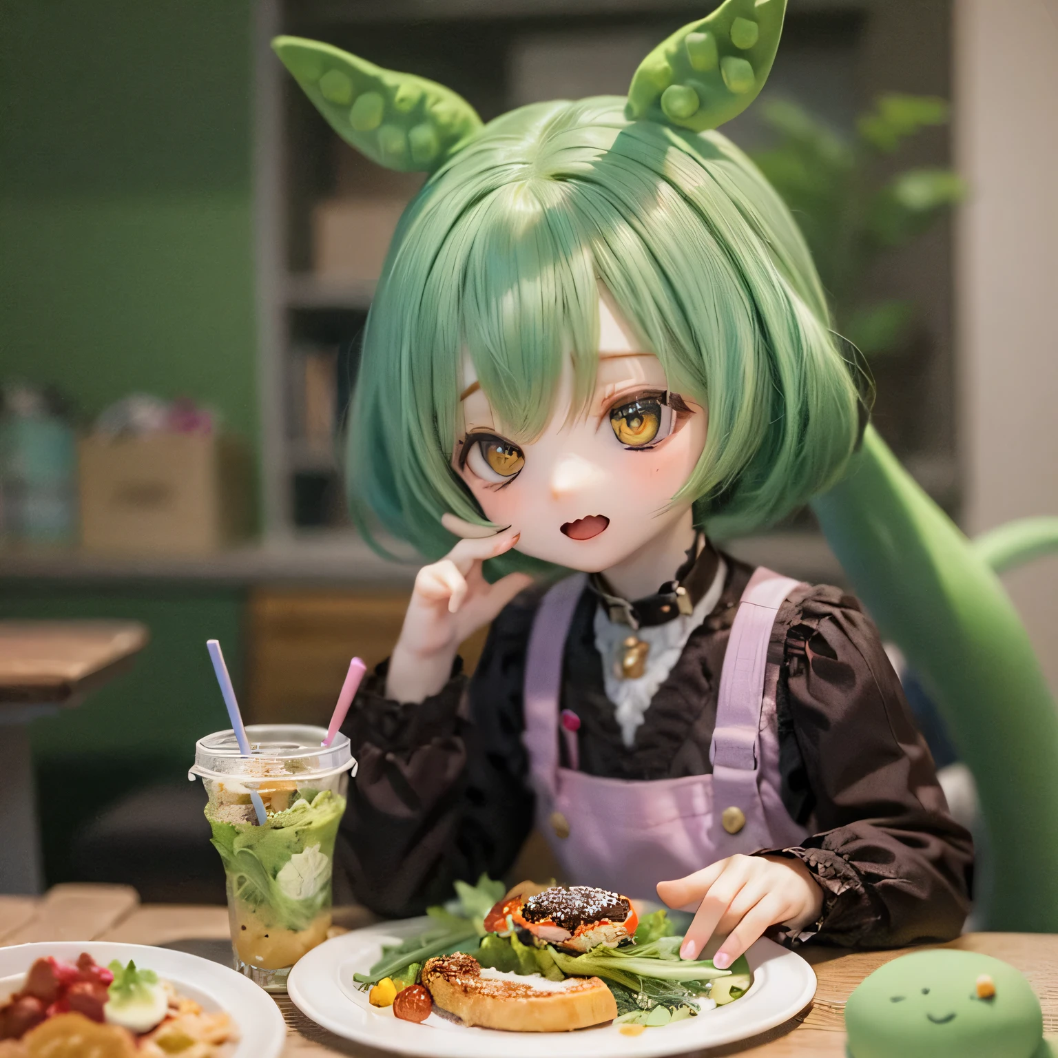 Cheeky Green Haired Zundamon(((((In the form of a child)))))having meal