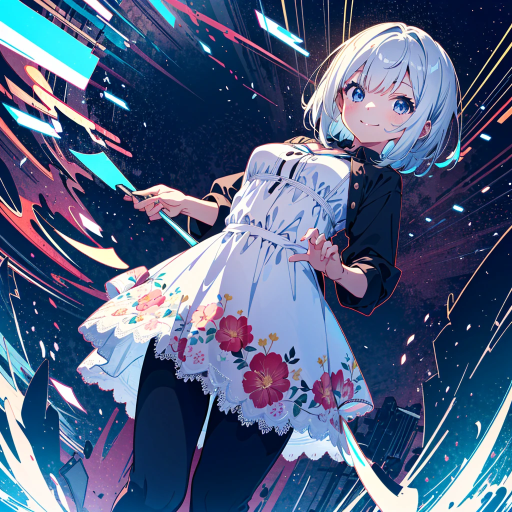 Absurd, Masterpiece, Best Quality, (Super Detailed), (Nice Hands, Perfect Hands), Ideal Proportions of the Body, BREAK (Vector Outline, Flat Color: 1.3), ((1girl)), Solo , core_9, score_8_up, score_7_up, source_anime, masterpiece, highest quality, 1 girl, (li: 1.3), cute girl, 7 ye(young: 1.8), fine blue eyes, (eye highlights), silver medium Bob hair: 1.2), big breasts, long hair, pants pulled up, panties, bra, lace, light smile, streaks, cinematic lighting, cinematic shadows, from below, dynamic angle, (wearing a floral sundress),