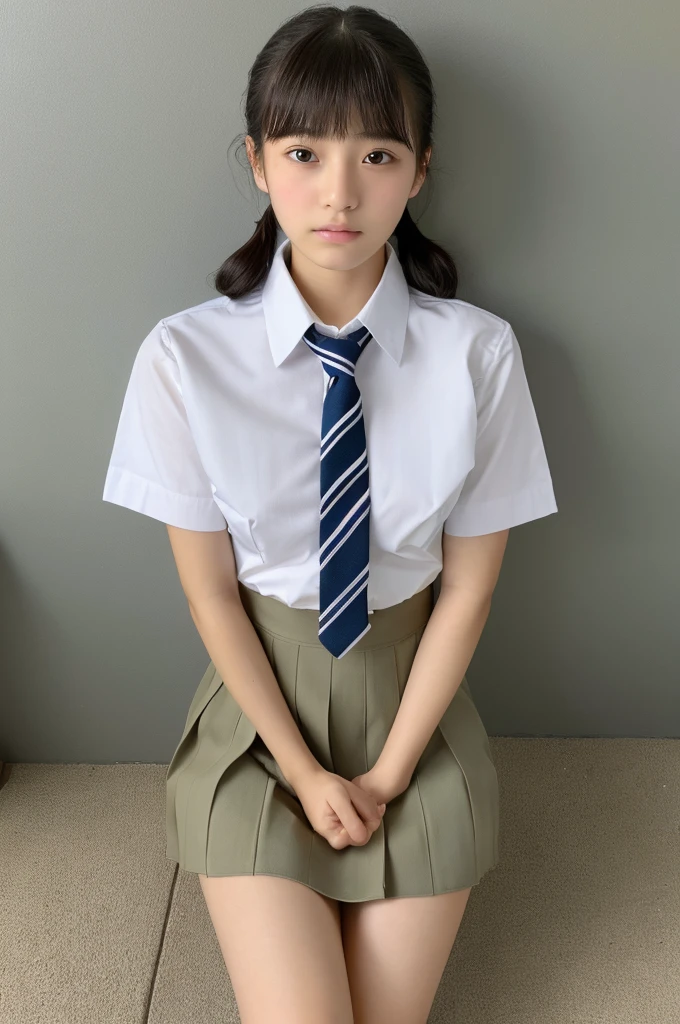 ((highest quality, masterpiece :1.3)), Photorealistic、Ultra-high resolution、Natural skin texture、Hyperrealism、Photograph from the knee up、15 year old Japanese beautiful girl、Twin tail hair、well-shaped breasts、A worn out white collared shirt and tie、mini skirt、Contemptuous expression