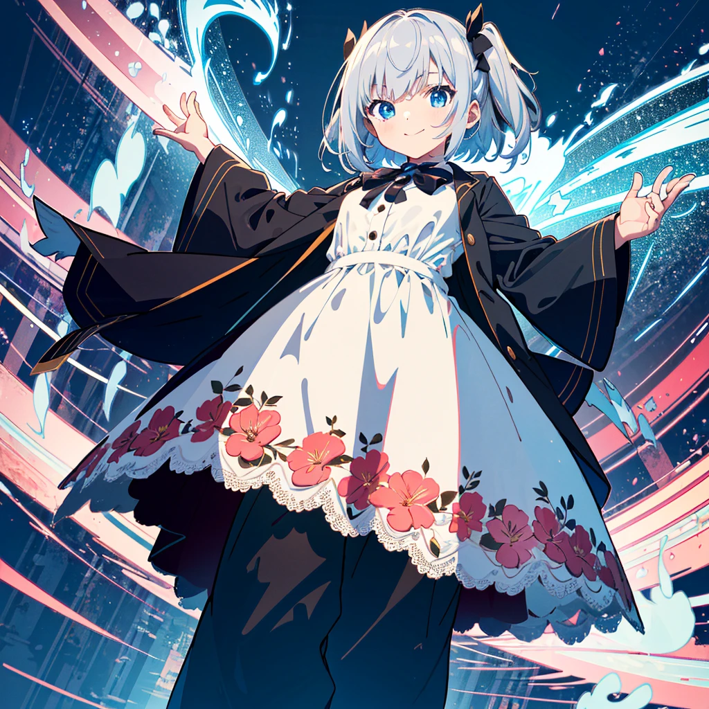 Ultra Quality art,Ultra high res,Anime art,Perfect Art,Under a stunning wide sea of starry night sky A detective with shining blue eyes short white hair carry a white rose with a smile and surrounded by beautiful flower flied and have a aura like a princess