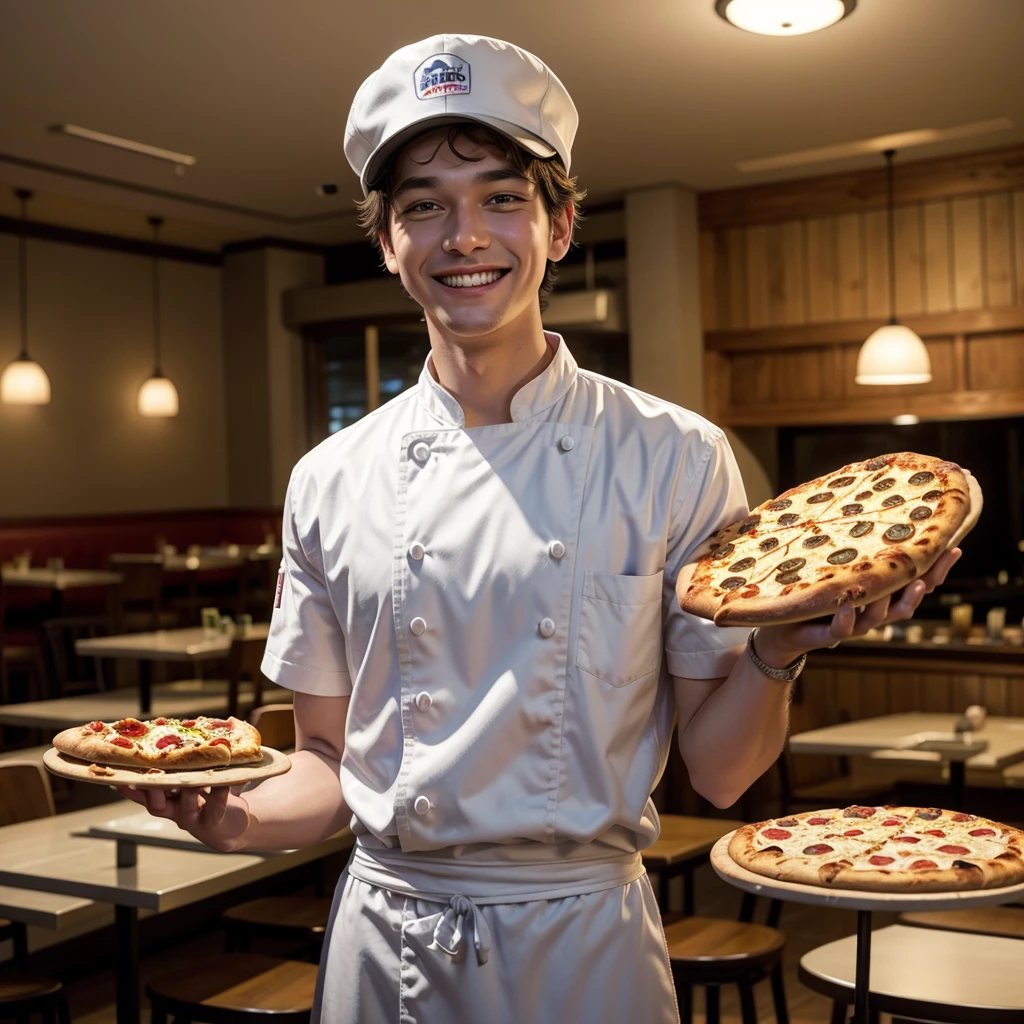 Disney Pixar-inspired character of a pizza maker with a white cap, Chef Shirt, is smiling, Holding a pizza in hand inside a restaurant, with some pizzas on the table.
