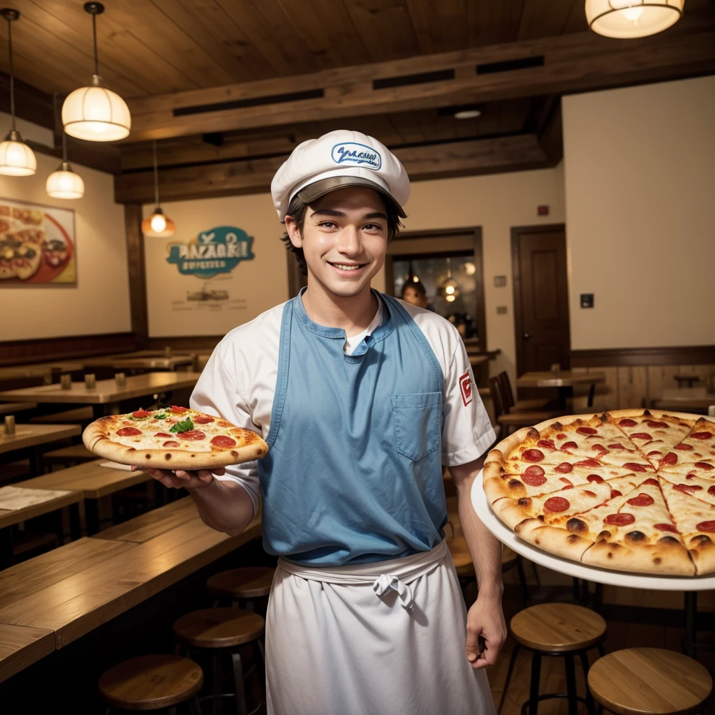 Disney Pixar-inspired character of a pizza maker with a white cap, Chef Shirt, is smiling, Holding a pizza in hand inside a restaurant, with some pizzas on the table.