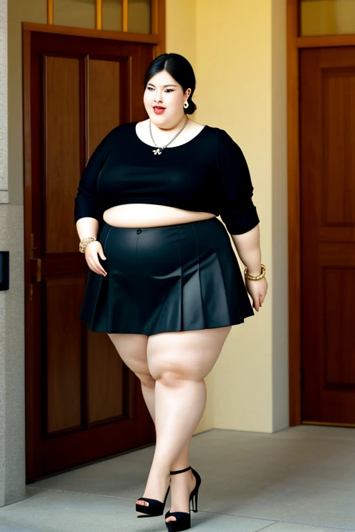 masterpiece, best quality, live action photo, 140kg extremely obese woman, large stomach, H-type miniskirt, high heel, necklace, earring, bracelet