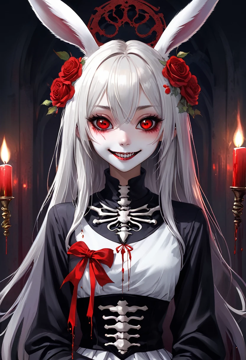 masterpiece, Highest quality, High resolution,(Highest quality,4K,High resolution,masterpiece:1.2),Very detailed,Realistic:1.37,masterpiece, Highest quality, Exquisitely crafted, woman, beautiful, elegant, smile, Blood, iridescent Long Hair, bangs, skirt, shirt, Long sleeve, Frills, shoes, (Red and Black:1.4), flower, spooky, Horror, 頭蓋Bones, Long Hair, Black Hair, Candles, Blood, hair flower, Dead, hair ornaments, Bone, doll, 頭蓋Bone, skeleton, Horror (theme),spooky altar background,Dark fantasy,Red color scheme,Ominous atmosphere,eyeを引く,Storytelling,anatomy,Anime Style,Concept Art,beautiful細部までこだわった顔と (((赤いeye ))),A terrifying ritual ,Satanic Ritual,Premature death,Misconduct,クレイジーなsmile,Scythe Face,Girl Monster, beautiful, Delicate facial features, 鋭いeye, Sharp Fangs, 青White skin, blonde,robot,Cursed Painting, Dark Background, Cinema Lighting, Dramatic Shadows, Gothic style, Gloomy atmosphere, Dark fantasy, One Girl, , Please open your mouth wide, Open your mouth and baring your teeth,Sharp teeth like a beast, Wide lips, very wide mouth, Vermilion cheeks, ,(Bloodしぶき:1.4),Scary smile, smile,Fallen angel design, ねじれたsmile、Bloodまみれの、頭からの出Blood,、Bloodしぶき、,(Bloodしぶき:1.4),Crossbones, 頭蓋Bone,Horror 一人の男の子, Cream colored hair, Gray Hair, Pearly hair, nice boy, Bunny ears, Loose-fitting clothing, Larger clothes, dark red eye, eyeの下のたるみ, dark circles under eye, やみcute, Fluffy hair, Voluminous Hair, skinny, slim, very skinny, Androgynous, cute, spooky, short hair, Horror, Faded colors, White skin, spooky, Unnaturally thin, I'm hungry, eye, eye in background, sharp eye, Long eyelashes, Under the eyelashes, Loose shorts, レースshirt, Frillsshirt, Tie the ribbon'head, Detailed clothing, A loose cardigan, Open cardigan, 滴るBlood, that'terrible, nightmare, Haunted, stitch, patchwork, string, Injury, hell, Injury on arms, self-harm, cut, Black Fingers, factory, Abandoned, A dismembered ghost,Many heads,Many heads,Lots of faces,Multiple faces,Multiple Girls,Frolicking Girl,複数のwoman,tea ,クレイジーなsmile,look up,Face shot,Scythe Face,Girl Monster, slave,beautiful, Detailed portrait, Delicate facial features, 鋭いeye, Sharp Fangs, 青White skin, Thick chain, Dark Background, Cinema Lighting, Dramatic Shadows, Gothic style, Gloomy atmosphere, Dark fantasy, One Girl, , Please open your mouth wide, Open your mouth and baring your teeth,Sharp teeth like a beast, Wide lips, very wide mouth, Vermilion cheeks, ,(Bloodしぶき:1.6),Scary face, Laughter Witch design, ねじれたsmile、Bloodまみれの、頭からの出Blood,,、Bloodしぶき、,(Bloodしぶき:1.6),Crossbones, 頭蓋Bone, , Horrorスタイル, ((Fantasy Witch Costume)), ((Flowing white hair)), ,(Bloodしぶき:1.6),womanの曲線, Large Breasts, Thick thighs, Sexy flat stomach, Perfect hands, Perfect anime face, ((dark ta dress)), Are standing, ((邪悪なsmile)), ,(Bloodしぶき:1.6),Victorian cities, gaslight, Steam circulates, Moonlight Illumination, night lighting, A sky filled with stars and galaxies,disaster々new devil horns,,(Bloodしぶき:1.6),アニメゾンビWitch design, ねじれたsmile、Bloodまみれの、頭からの出Blood,,、Bloodしぶき、,(Bloodしぶき:1.6),Crossbones, 頭蓋Bone,,Photo Background,Wide Shot,Scythe Face,Girl Monster, slave,beautiful, Detailed portrait, Delicate facial features, 鋭いeye, Sharp Fangs, 青White skin, Thick chain, Dark Background, Cinema Lighting, Dramatic Shadows, Gothic style, Gloomy atmosphere, Dark fantasy, One Girl, , Please open your mouth wide, Open your mouth and baring your teeth,Sharp teeth like a beast, Wide lips, very wide mouth, Vermilion cheeks, ,(Bloodしぶき:1.6),Scary face, Laughter Witch design, ねじれたsmile、Bloodまみれの、頭からの出Blood,,、Bloodしぶき、,(Bloodしぶき:1.6),Crossbones, 頭蓋Bone, , Horrorスタイル,