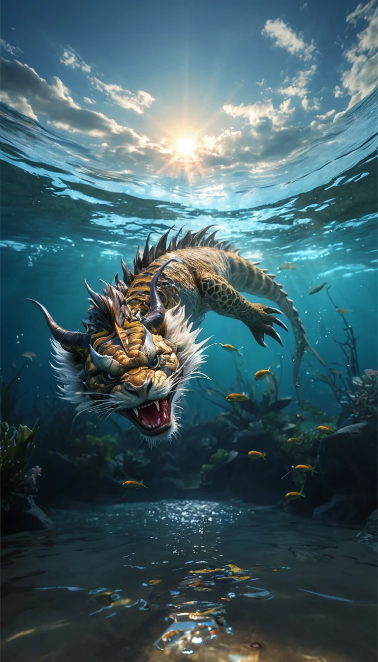 A mythical creature from the water(best quality，4K，8k，High level，masterpiece：1.2），Ultra Detailed，（lifelike，Photo real，Photo real：1.37），Highly detailed animals，Complex patterns，Realistic lighting，Fantasy Creatures