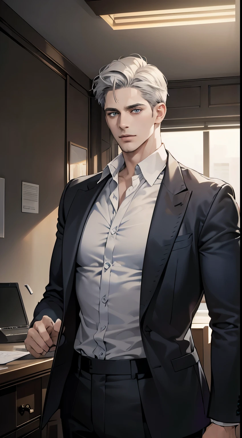 (best quality, masterpiece, 8K, photorealistic, cinematic lighting, hdr image, ultra detailed, beautiful image), 1 man, 31 years old, mature man, very handsome, (without expression, serious), short white hair, blue grey eyes ( penetrating gaze), perfect face without errors, imposing posture, without errors, businessman, office background