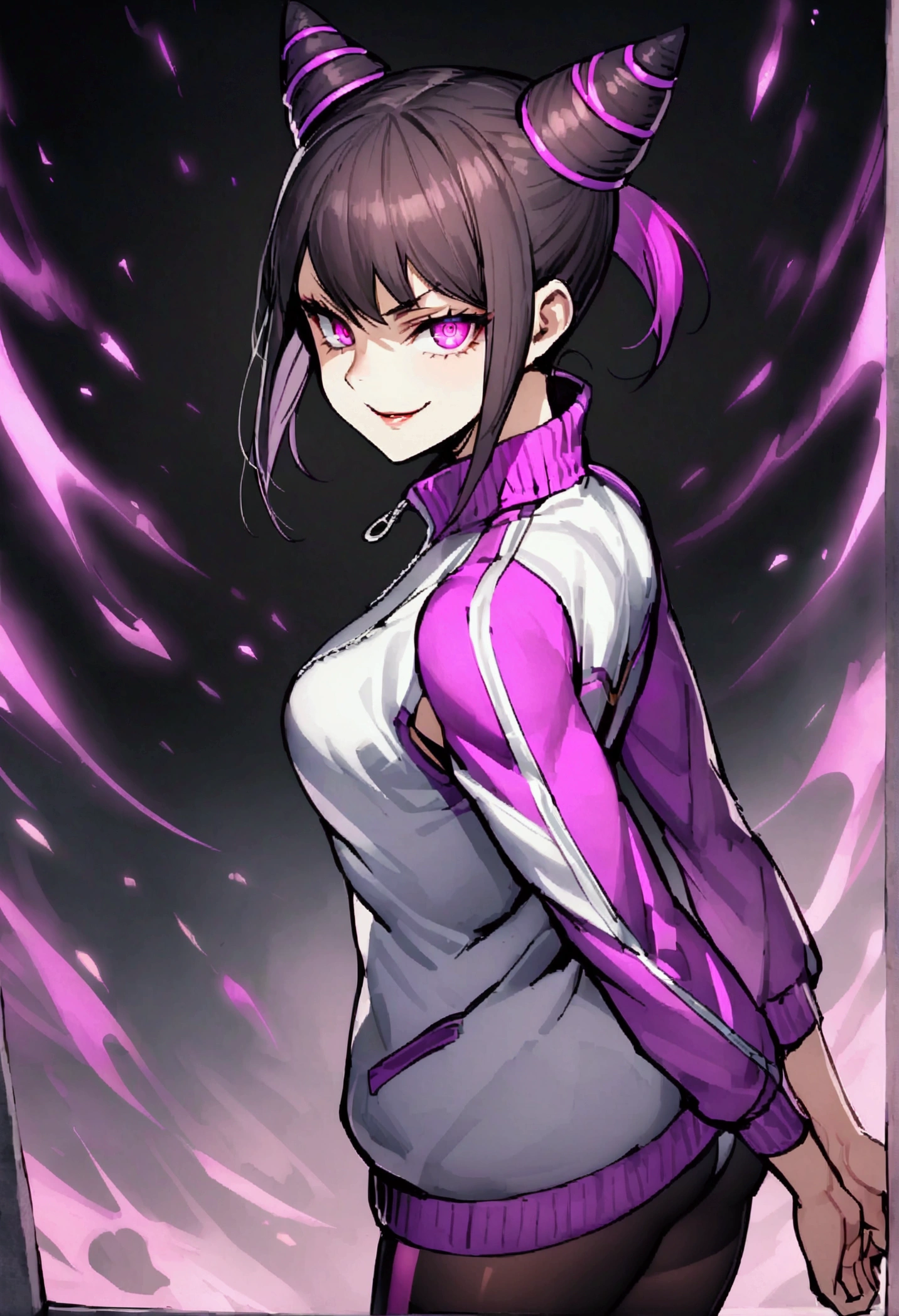 ,looking back,beautiful young fitness woman with , in a gym wearing May with black pantyhose, white and purple fitted gym jacket. standing alone,hair horns,bright purple eyes,Evil smile,legging preto aura roxa,right eyes super shining purple