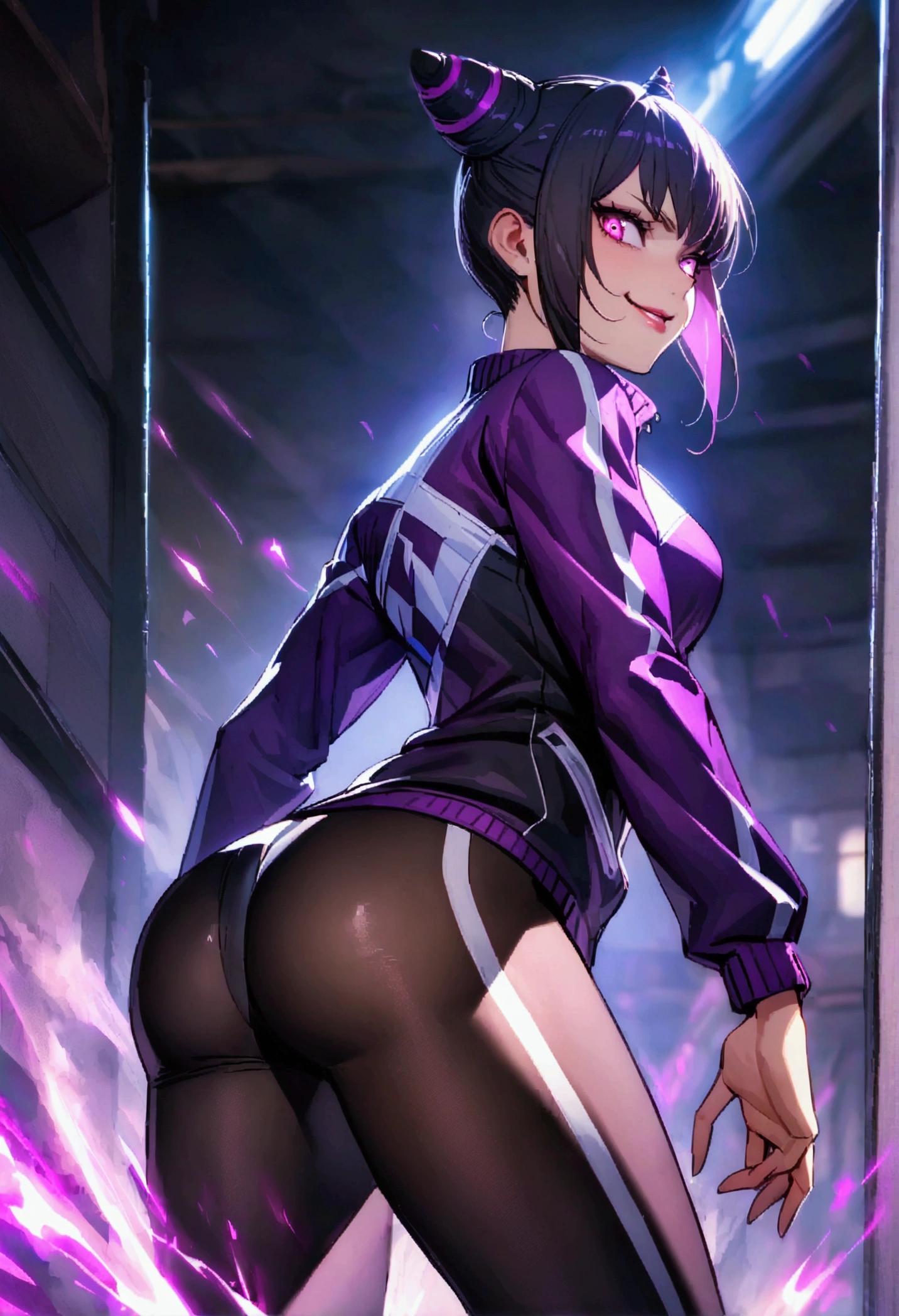 ,looking back,beautiful young fitness woman with , in a gym wearing May with black pantyhose, white and purple fitted gym jacket. standing alone,hair horns,bright purple eyes,Evil smile,legging preto aura roxa,right eyes super shining purple
