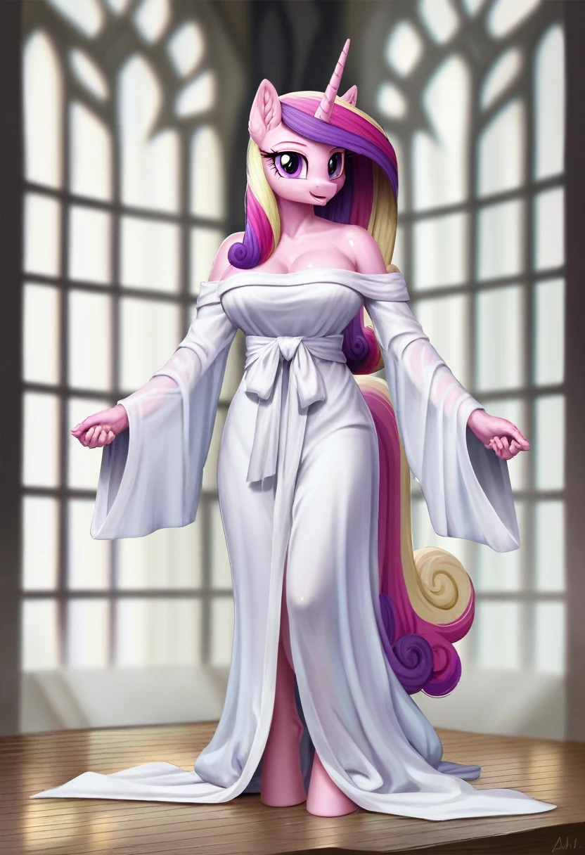 score_9, score_8_up, score_7_up, score_6_up, score_5_up, score_4_up, by aki99, source_pony, rating_questionable, masterpiece, countershading, detailed soft lighting BREAK
anthro pony princess cadance wearing a silver bath robe, long hair, joyful, oiled, shiny, large breasts, full body, ear fluff, fashion show background, sexy pose