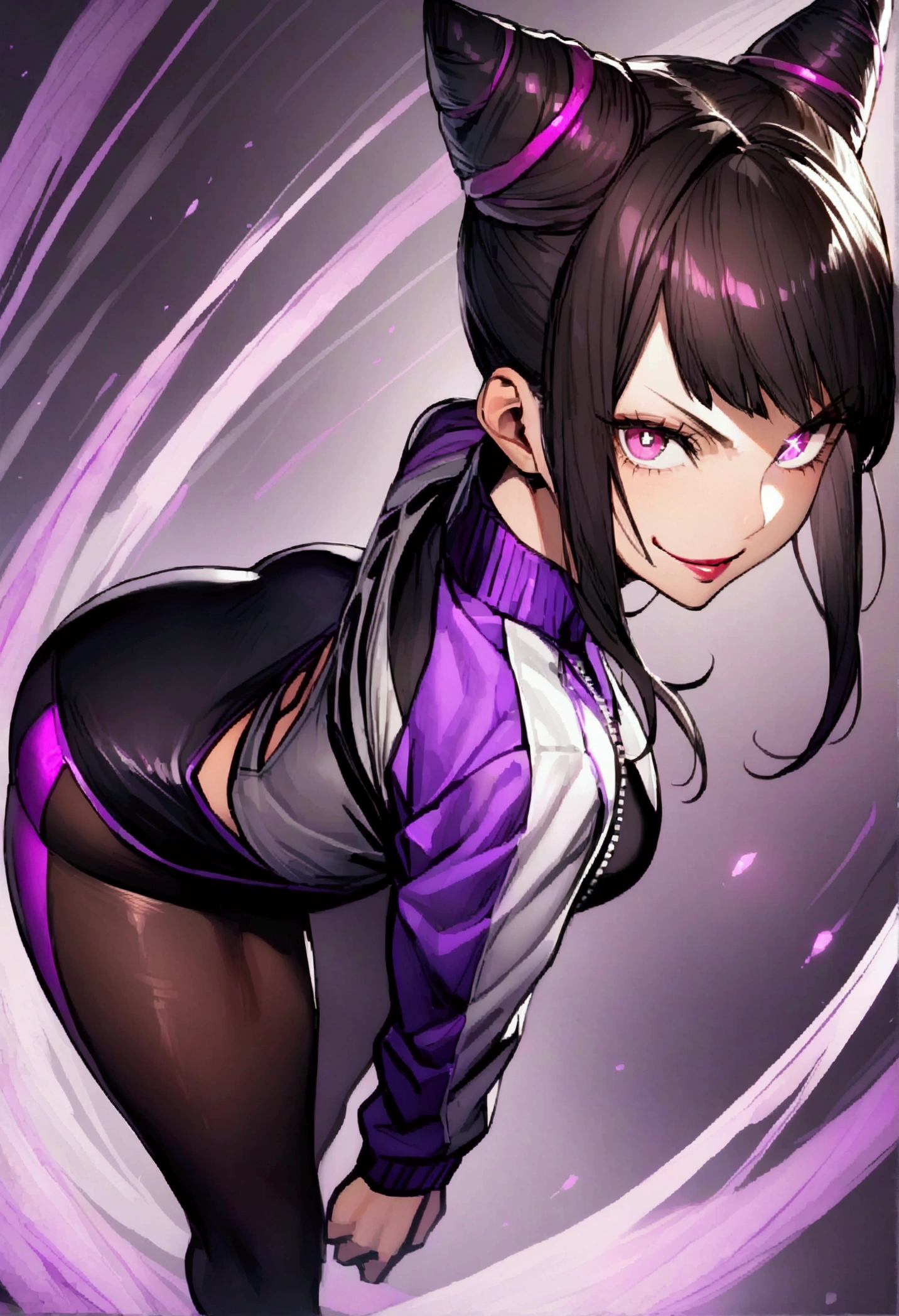 juri han,looking back,beautiful young fitness woman with , in a gym wearing May with black pantyhose, white and purple fitted gym jacket. standing alone,hair horns,bright purple eyes,Evil smile,legging preto aura roxa,right eyes super shining purple

