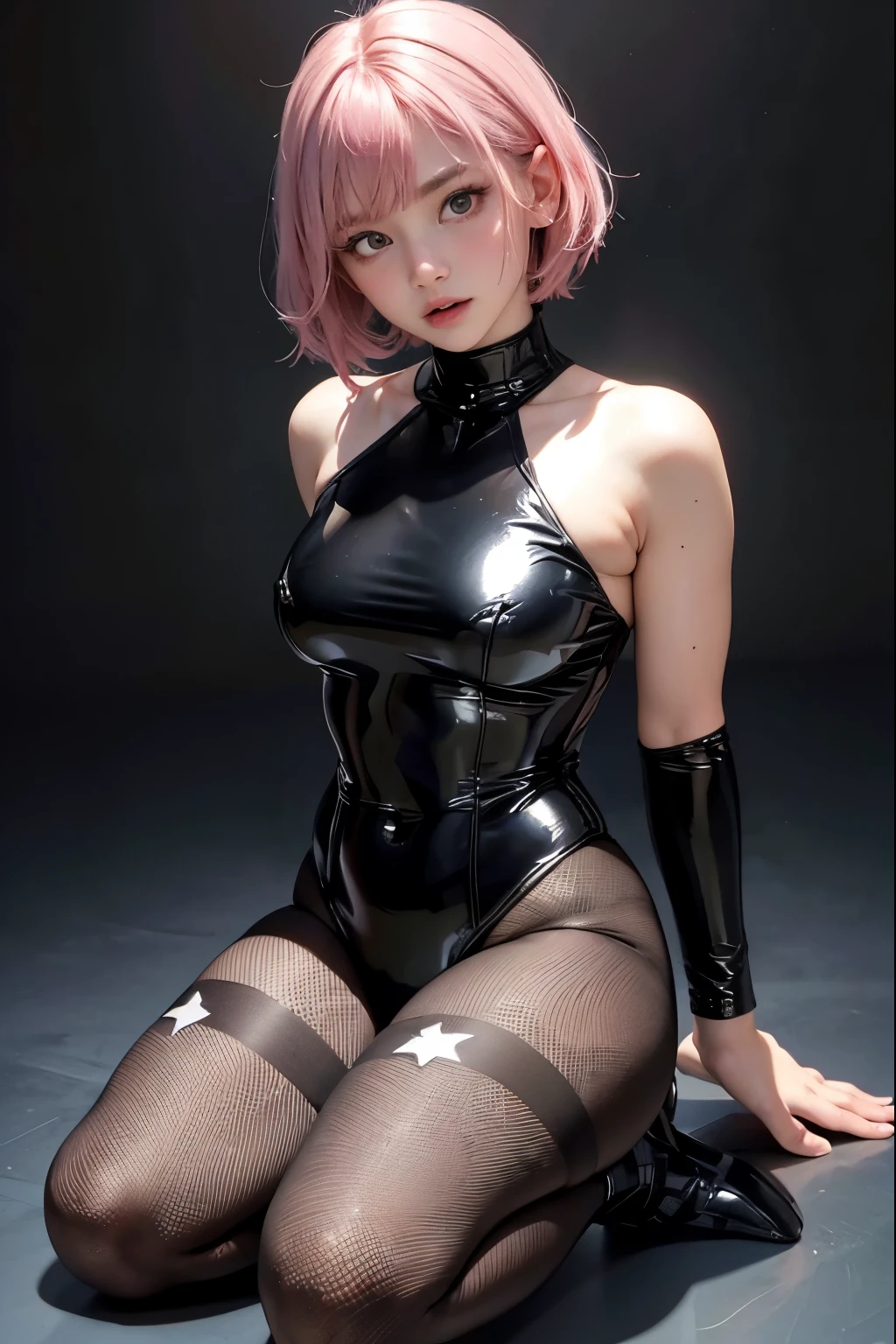 (highest quality:1.2), a 18-years-old girl is kneeling, struggling to remove her costume,  a photorealistic cute gymnast, beautiful face with surprise,  European face like a doll, open mouth surprised, sad eyes, submissive expression, Short-cut pink hair, full body portrait,wearing long-sleeved tricot leotard,tight-fitting shiny black tricot leotard, wearing fishnet pantyhose