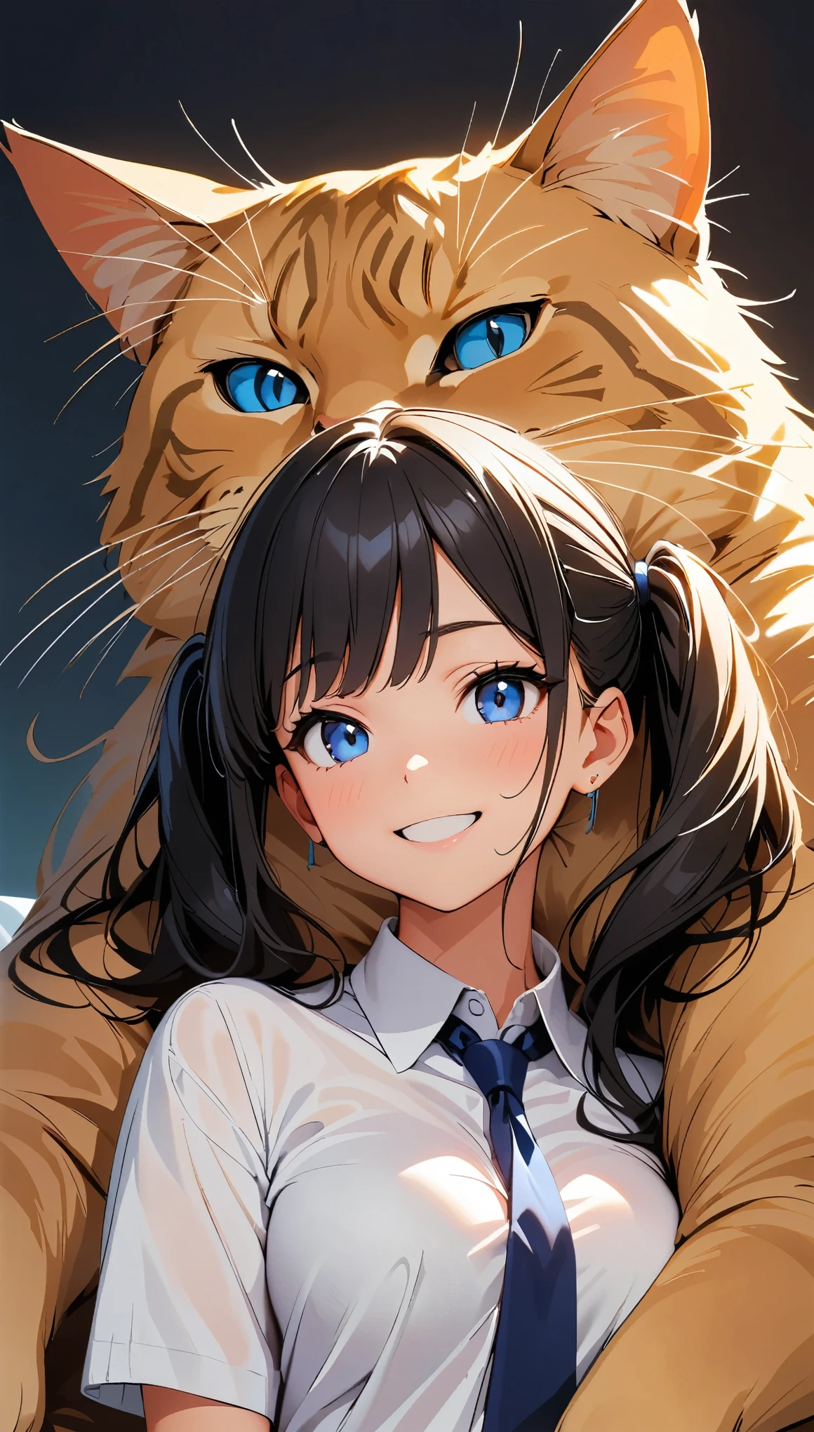 ((Giant cat and girl)), Black Hair, Twin tails, blue eyes, Collared shirt, Blue tie, , smile, Cuddling with a giant cat, Focus on cats, Meeting a giant cat:1.2, (Highest quality:1.2, Very detailed, Attention to detail, digital coloring, High Contrast, masterpiece:1.2, Best aesthetics).
