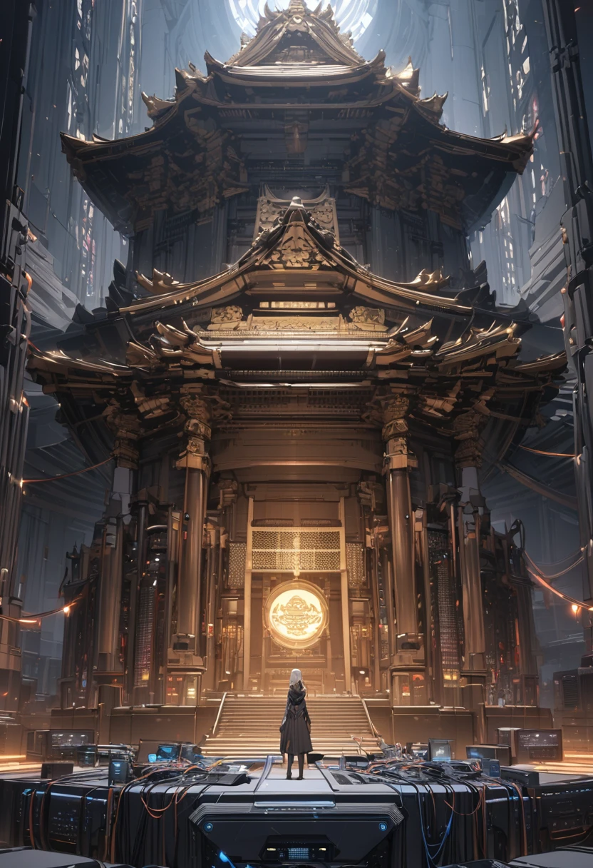 masterpiece, best quality, extremely detailed, A temple, a supercomputer on the altar, lots of cables, spotlights,