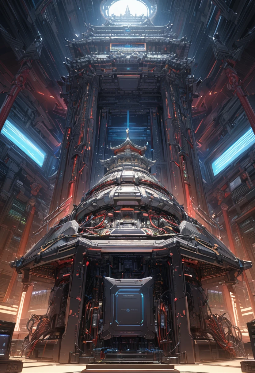 masterpiece, best quality, extremely detailed, A temple, a supercomputer on the altar, lots of cables, spotlights,