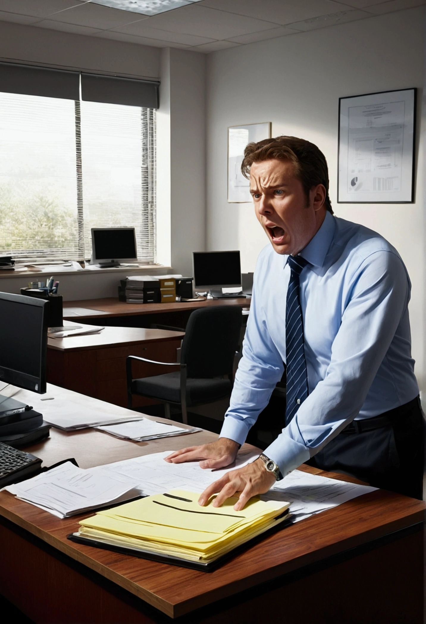 High quality command prompt: "A man in an office,he slammed his hands on the desk,another man looks frightened,Büroumgebung,professional lightning,realist detail,Hardwood desk surface,modern office furniture,polished glass windows,tall filing cabinets,desk phone,Computer screen,desperate expression,stern look,Details of facial expressions and hand gestures,Workwear,tense atmosphere,stressed environment,emotional intensity,dramatic action shots,high resolution image,photorealistic style,bright colours,strong contrast,Dynamic Composition,indoor lighting,Office equipment and accessories,numerous documents scattered on the desk and the floor,dimly lit room,oblique shadows,Afternoon lighting."