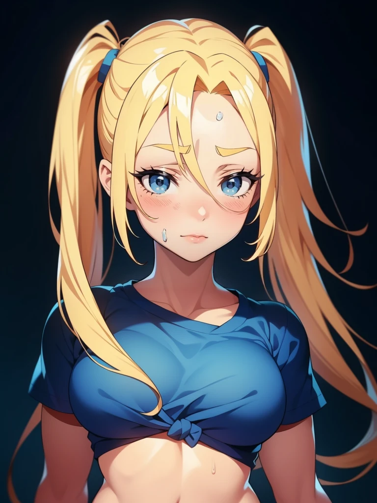 1girl, solo, portrait of a woman with blonde hair, long flowing pigtails, wearing a blue shirt, wearing a t-shirt, shirt tied in a shirt knot, exposed navel, anime illustration, anime girls, vivid colors, detailed facial features, dramatic lighting, digital painting, trending on ArtStation