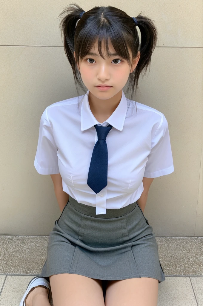 ((highest quality, masterpiece :1.3)), Photorealistic、Ultra-high resolution、Natural skin texture、Hyperrealism、Photograph from the knee up、 Japanese beautiful girl、Twin tail hair、well-shaped breasts、A worn out white collared shirt and tie、mini skirt、Contemptuous expression