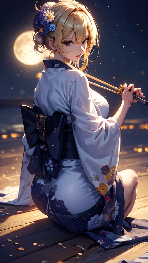 masterpiece, high quality, 4K, Beautiful design, silhouette，blonde， 非常に詳細な夜のStarry Sky,Flower Field， wonderful, Finer details,  Very knowledgeable woman, Highly detailed solo, 1 female,Big Breasts，Butt Emphasis，Yukata in white color，Night view，Starry Sky，full moon，How to sit，
