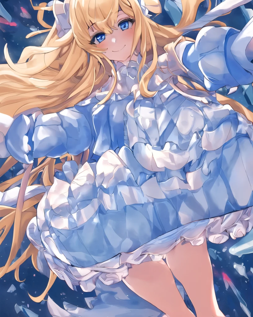 1girl, Solo, High Resolution, Long Hair, Breasts, Looking at viewer, Blush, Smile, Bangs, Blue eyes, Blonde Hair, blue pajama shirt, white panties, camel toe.