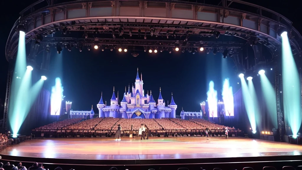 An empty Disneyland-style outdoor show stage during the day。There is music sheet music painted on the stage background.