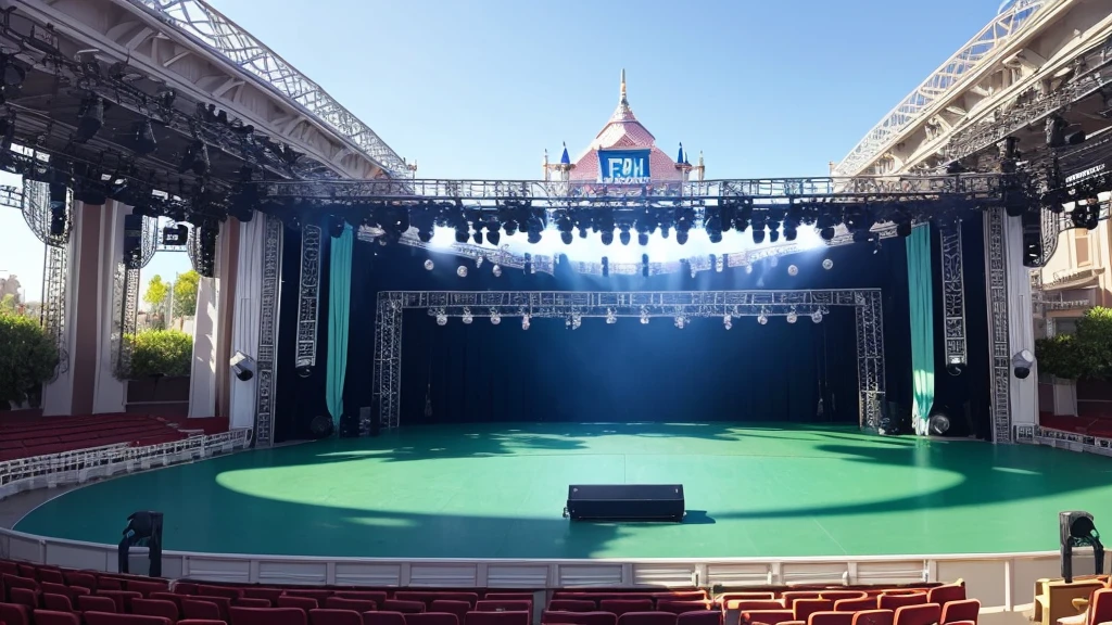 An empty Disneyland-style outdoor show stage during the day。There is music sheet music painted on the stage background.