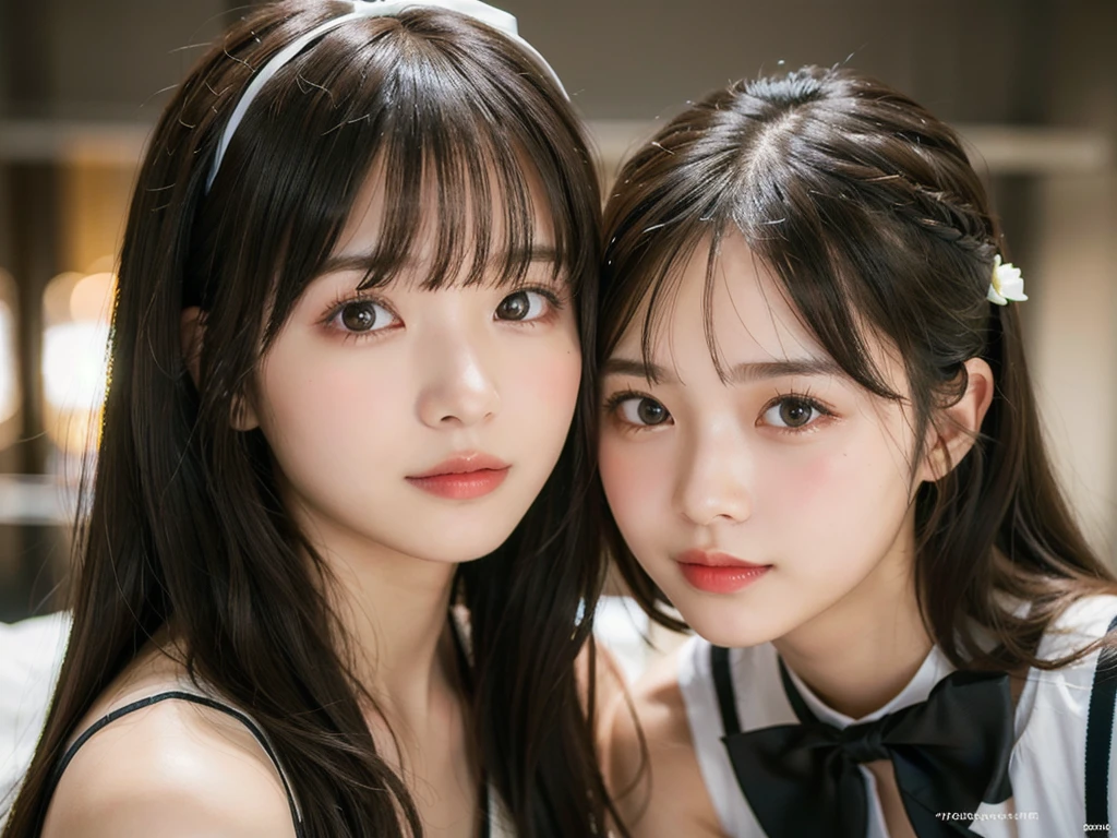 Two beautiful girls,Cheek to cheek，Embrace each other,(8k, RAW Photos, Highest quality, masterpiece:1.2), Super detailed, Ultra-high resolution, (Realistic, photo Realistic:1.37), High-definition RAW color photos, Professional photos, Depth of written boundary, Detailed lips、Beautiful, shining lips, Detailed face、Very delicate and beautiful, Very detailed, In detail, Large file size, Very detailed skin, Very detailed clothing, Two Girls, (18-year-old:1.2), Ten generations, Cute girl, Famous Japanese Idols, Black Hair,耳前にLong Hair, (Long Hair:1.2), (Wavy Hair:1.2), (Blunt bangs:1.2), young, Cute face, Baby Face, Realistic face, Beautiful and detailed eyes, Droopy eyes, Big black eyes, Beautiful and clear eyes,Scattered beneath the surface,(blush:0.5), Detailed skin texture, (race:1.2), (Black bow tie:1.1), (Hair Ribbon:1.2), Facing forward, Highest quality,masterpiece:1.3,Ultra-high resolution),(Very detailed,Caustics,8k),(Realistic:1.4,RAW shooting),Looking at the camera,Collarbone Bare Skin,Shoulder Bare Skin,(Face Focus:1.1),(Face close-up:1.1),Sunset,Natural light