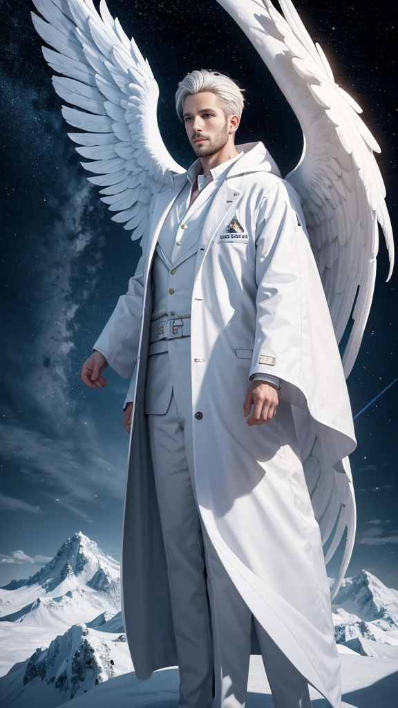 a male 35 year old angel, white coat, with thousands wings, his size is tall than a mountain, stand between two mountains, ultra definition, best quality, 32k ultra, ultra HD.