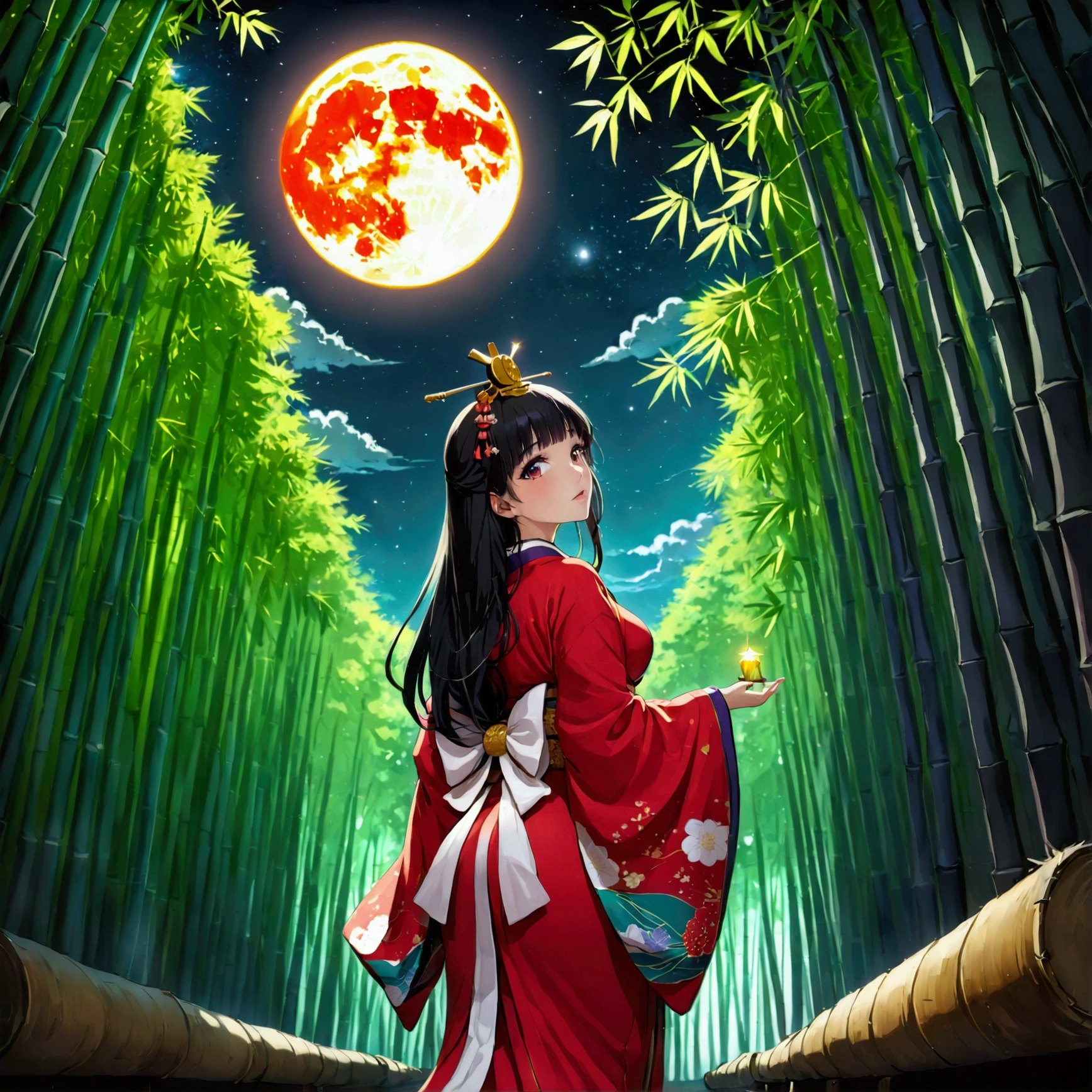 The World of Kaguyahime, hinamatsuri ohinasama, the figure standing looking at the moon is full of melancholy,  (heian red:1.1) japanese clothes, wide sleeves, red (karaginumo:1.1), layered kimono, 1girl solo, beautiful detailed hair, black hair (hime cut:1.2) very long hair spread out, (she sees full moon:1.3), (beautiful standing back view), super wide shot, cinematic lighting, beautifully lit, starry sky, light particles, from behind, (beautiful bamboo grove:1.1) 