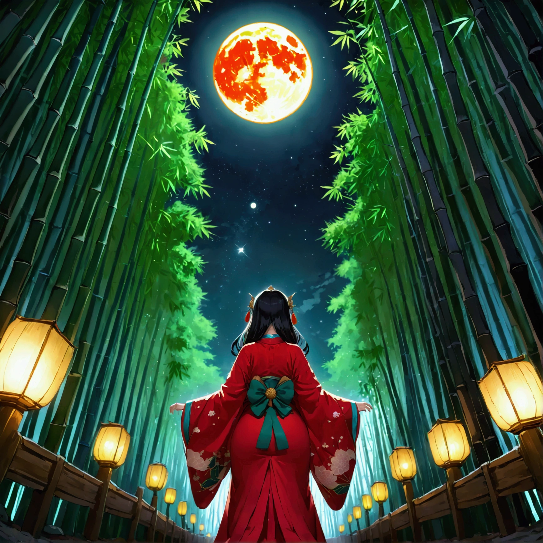 The World of Kaguyahime, hinamatsuri ohinasama, the figure standing looking at the moon is full of melancholy,  (heian red:1.1) japanese clothes, wide sleeves, red (karaginumo:1.1), layered kimono, 1girl solo, beautiful detailed hair, black hair (hime cut:1.2) very long hair spread out, (she sees full moon:1.3), (beautiful standing back view), super wide shot, cinematic lighting, beautifully lit, starry sky, light particles, from behind, (beautiful bamboo grove:1.1) 