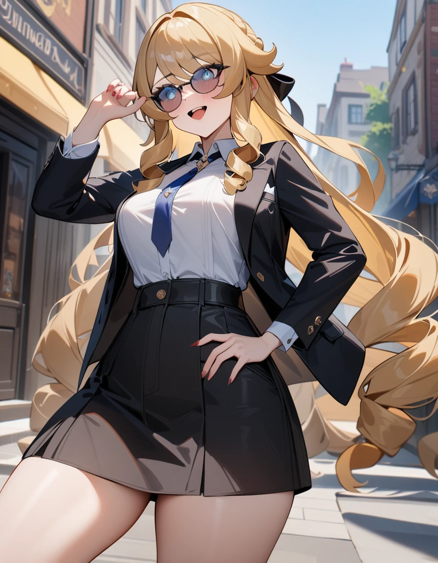 1girl, navia \(genshin impact\), genshin impact,boss,sun glasses, suit,cool,city street,masterpiece,very aesthetic,newest,sensitive