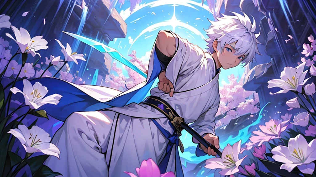 A Chinese boy who has a white hair and holding a sword wearing a white kimono with long long sleeps his kimono has a Persian painting patron and it's shiny behind him is a wall it's like a rock wall half top of the painting is surrounded by white pink purple and light blue flowers like Lily of the Valley and violets and the bottom of the painting there is so many gemstones who are pink purple and light blue the boy has a hair accessory that has a diamond shape gemstone stone that is deep red the boy hold the sword with both hand in the front of him and his pose is kind of like 3.4 of his face showing to us ‏he's har is so long