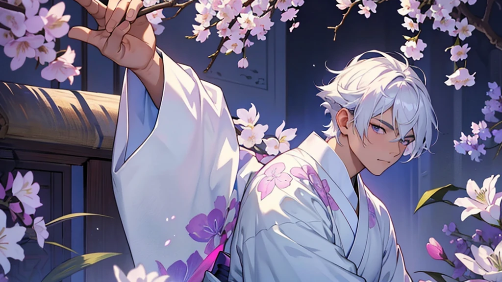 A Chinese boy who has a white hair and holding a sword wearing a white kimono with long long sleeps his kimono has a Persian painting patron and it's shiny behind him is a wall it's like a rock wall half top of the painting is surrounded by white pink purple and light blue flowers like Lily of the Valley and violets and the bottom of the painting there is so many gemstones who are pink purple and light blue the boy has a hair accessory that has a diamond shape gemstone stone that is deep red the boy hold the sword with both hand in the front of him and his pose is kind of like 3.4 of his face showing to us he's har is so long